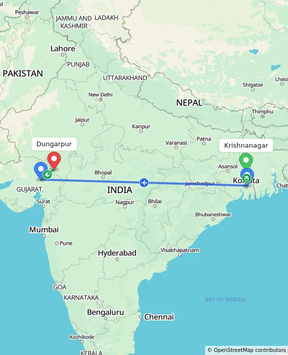 Route map showing distance and travel time from Krishnanagar, India to Dungarpur, India