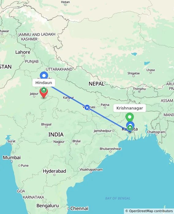 Route map showing distance and travel time from Krishnanagar, India to Hindaun, India