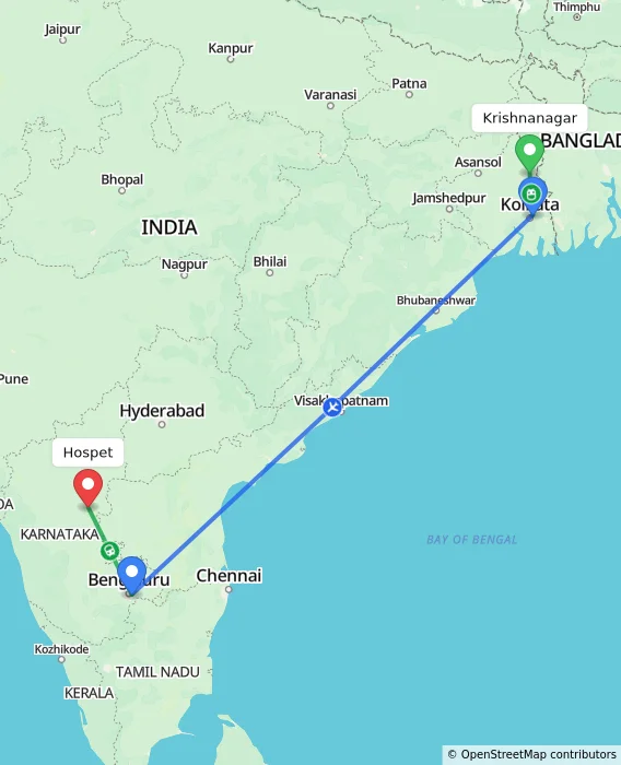 Route map showing distance and travel time from Krishnanagar, India to Hospet, India