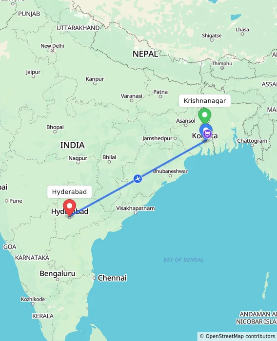 Route map showing distance and travel time from Krishnanagar, India to Hyderabad, India
