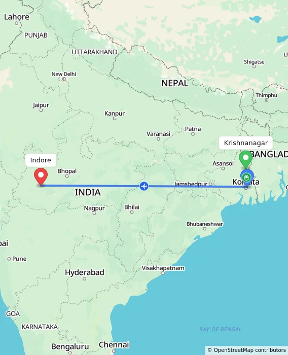 Route map showing distance and travel time from Krishnanagar, India to Indore, India