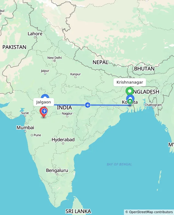 Route map showing distance and travel time from Krishnanagar, India to Jalgaon, India