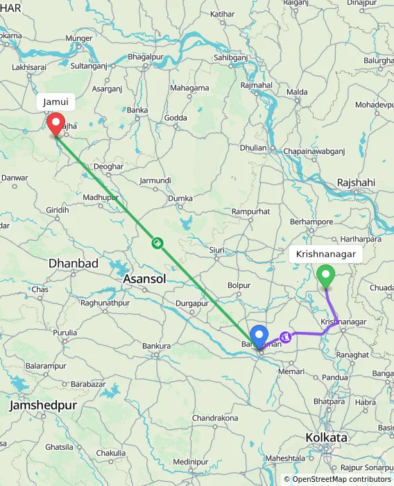 Route map showing distance and travel time from Krishnanagar, India to Jamui, India