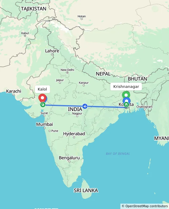 Route map showing distance and travel time from Krishnanagar, India to Kalol, India