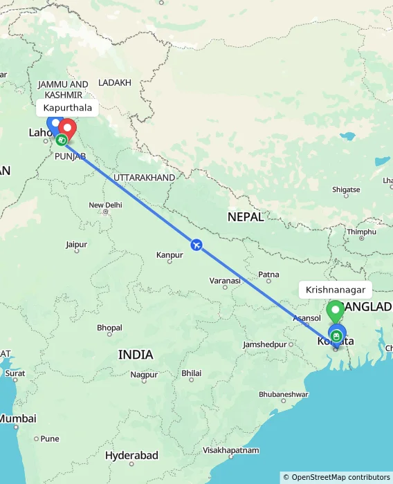 Route map showing distance and travel time from Krishnanagar, India to Kapurthala, India
