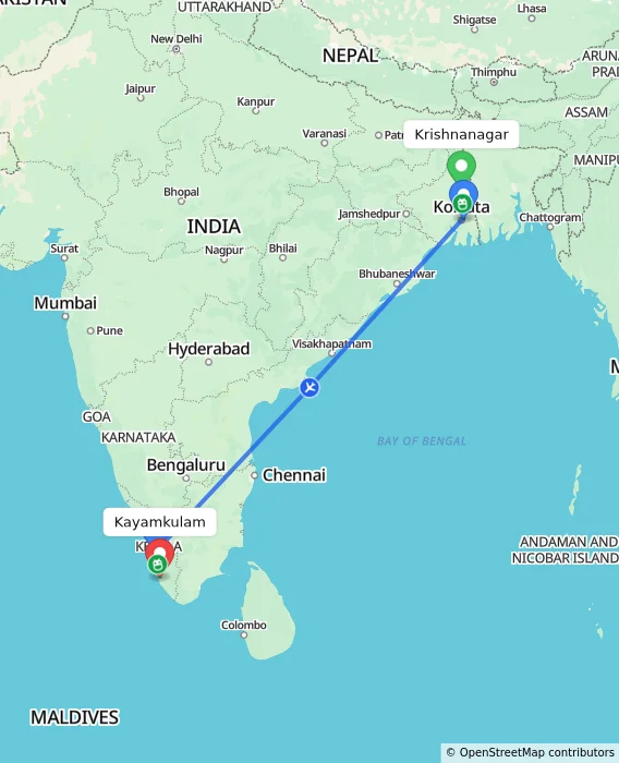 Route map showing distance and travel time from Krishnanagar, India to Kayamkulam, India