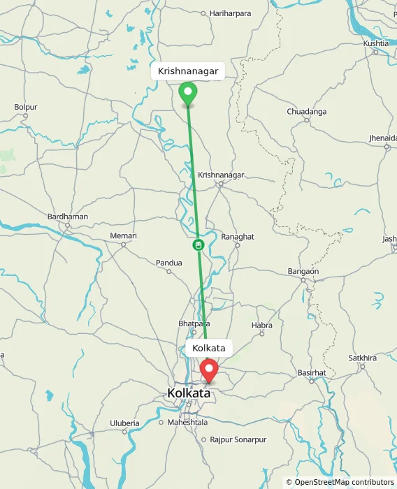 Route map showing distance and travel time from Krishnanagar, India to Kolkata, India