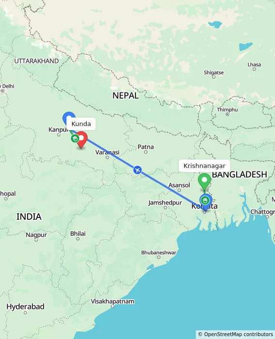 Route map showing distance and travel time from Krishnanagar, India to Kunda, India