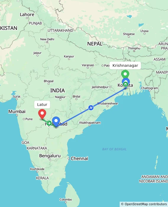 Route map showing distance and travel time from Krishnanagar, India to Latur, India