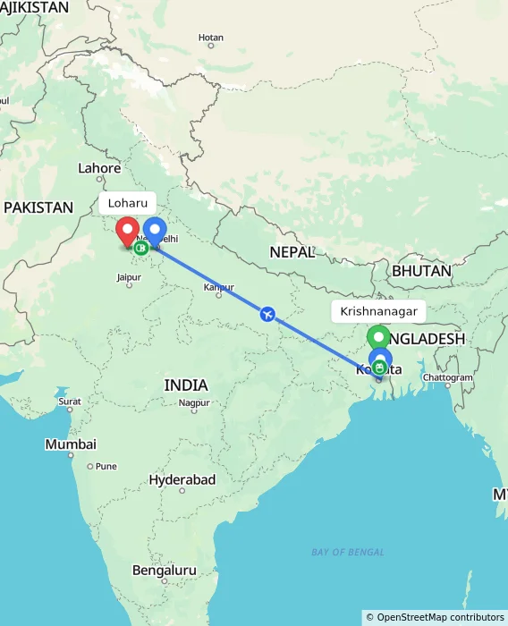 Route map showing distance and travel time from Krishnanagar, India to Loharu, India
