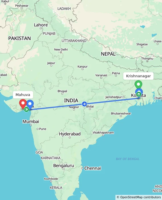 Route map showing distance and travel time from Krishnanagar, India to Mahuva, India