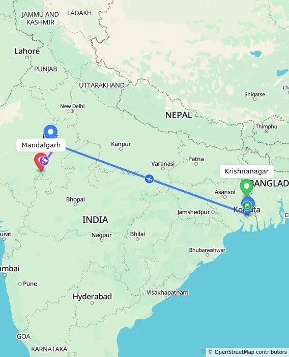 Route map showing distance and travel time from Krishnanagar, India to Mandalgarh, India