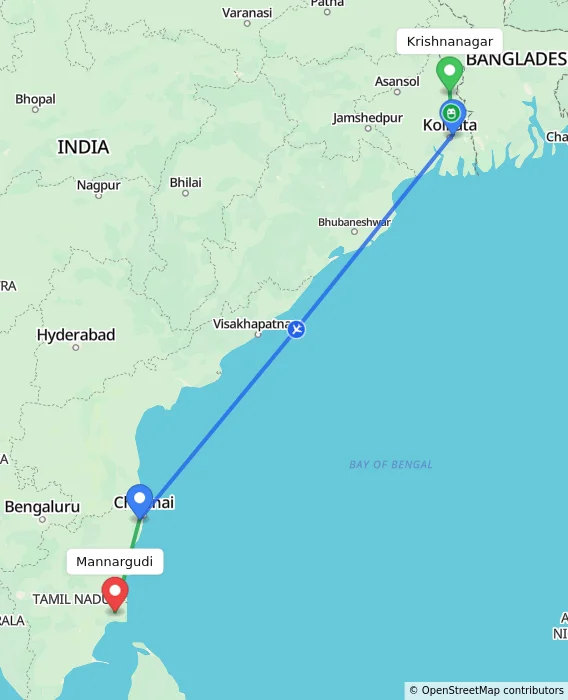 Route map showing distance and travel time from Krishnanagar, India to Mannargudi, India