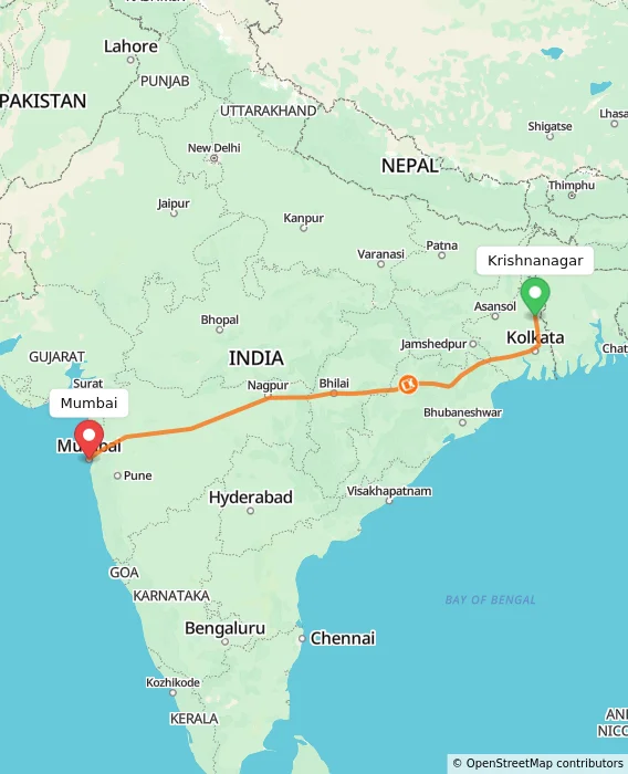 Route map showing distance and travel time from Krishnanagar, India to Mumbai, India
