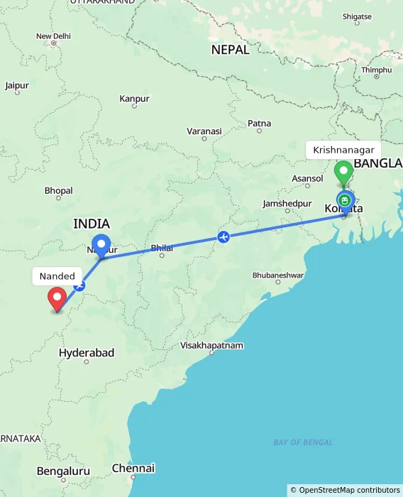 Route map showing distance and travel time from Krishnanagar, India to Nanded, India