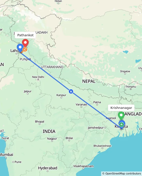 Route map showing distance and travel time from Krishnanagar, India to Pathankot, India