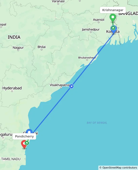 Route map showing distance and travel time from Krishnanagar, India to Puducherry, India
