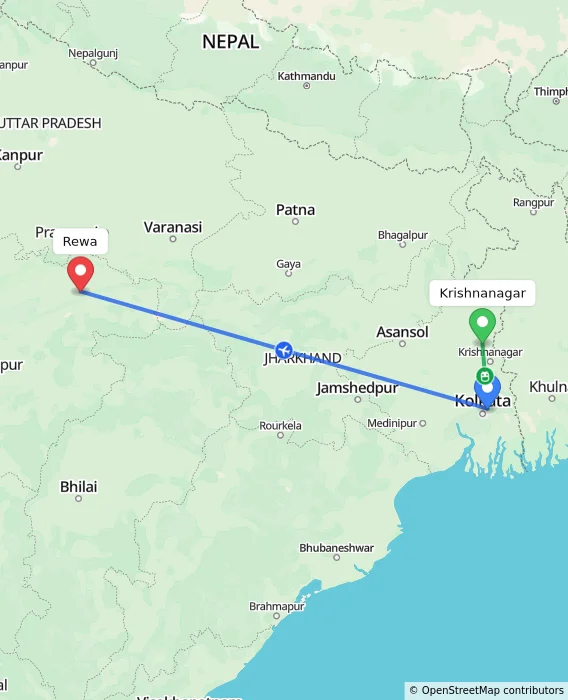 Route map showing distance and travel time from Krishnanagar, India to Rewa, India