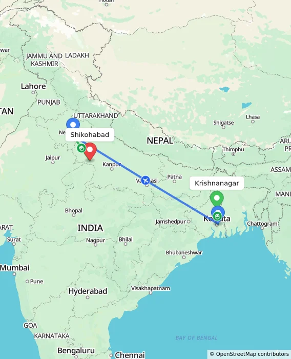 Route map showing distance and travel time from Krishnanagar, India to Shikohabad, India