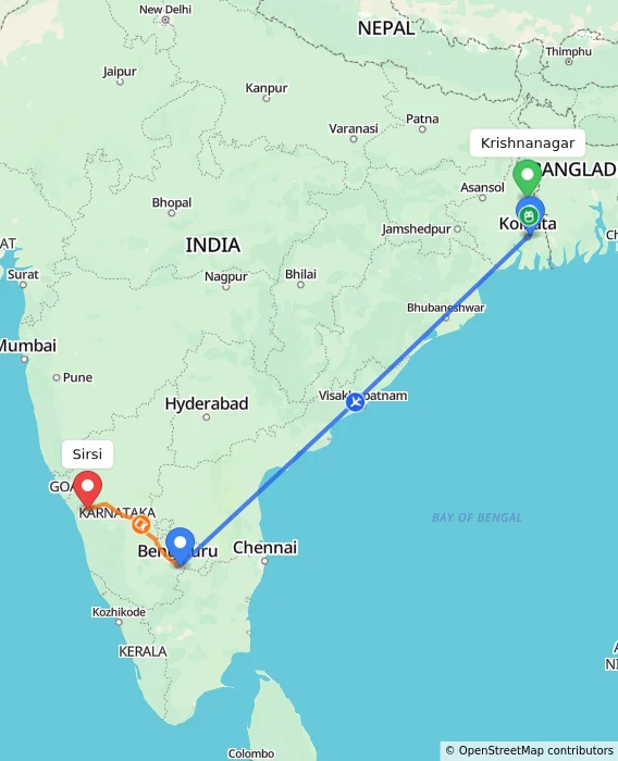 Route map showing distance and travel time from Krishnanagar, India to Sirsi, India