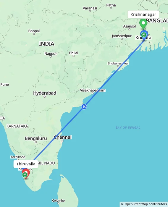 Route map showing distance and travel time from Krishnanagar, India to Thiruvalla, India