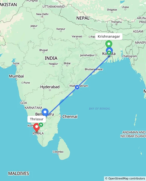 Route map showing distance and travel time from Krishnanagar, India to Thrissur, India