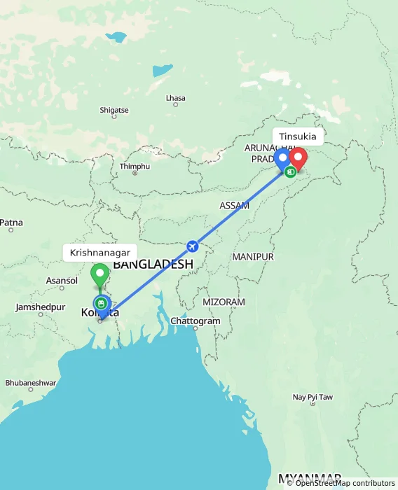 Route map showing distance and travel time from Krishnanagar, India to Tinsukia, India