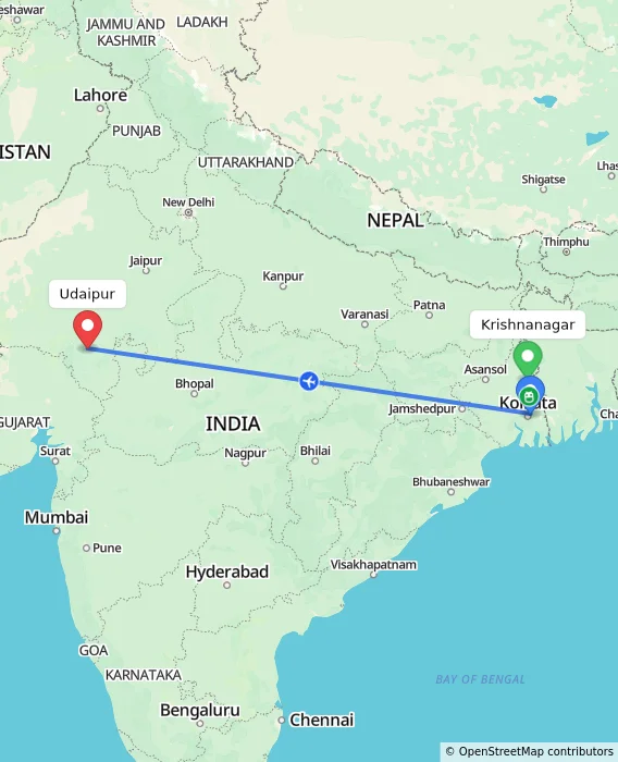 Route map showing distance and travel time from Krishnanagar, India to Udaipur, India