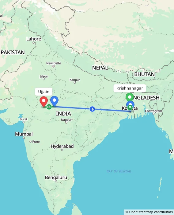 Route map showing distance and travel time from Krishnanagar, India to Ujjain, India
