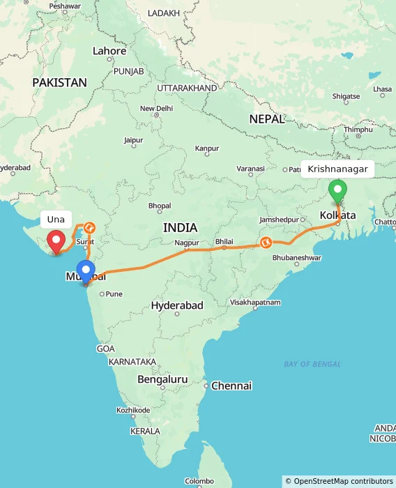 Route map showing distance and travel time from Krishnanagar, India to Una, India