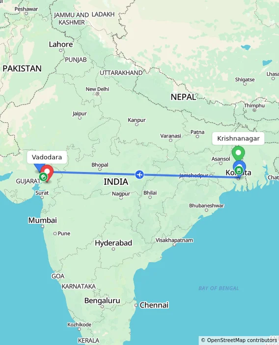 Route map showing distance and travel time from Krishnanagar, India to Vadodara, India