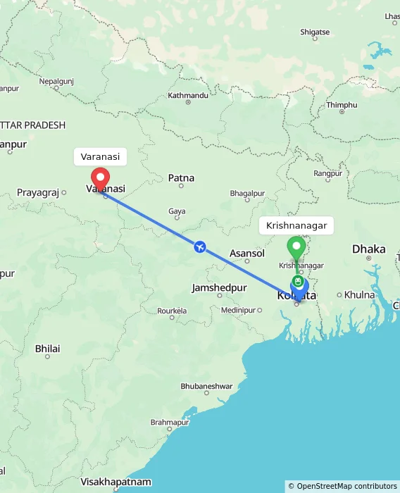 Route map showing distance and travel time from Krishnanagar, India to Varanasi, India
