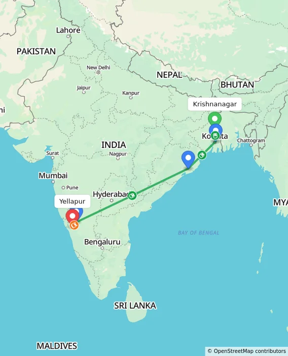 Route map showing distance and travel time from Krishnanagar, India to Yellapur, India