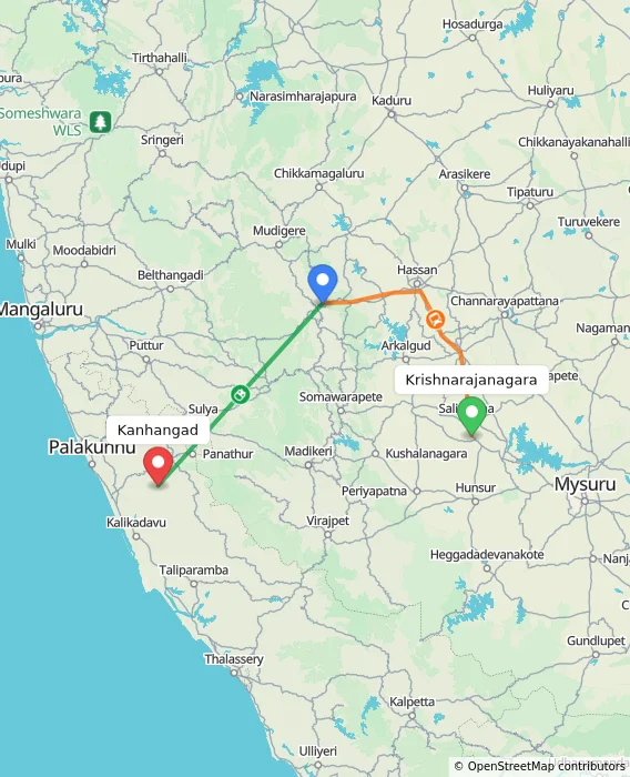 Route map showing distance and travel time from Krishnarajanagara, India to Kanhangad, India
