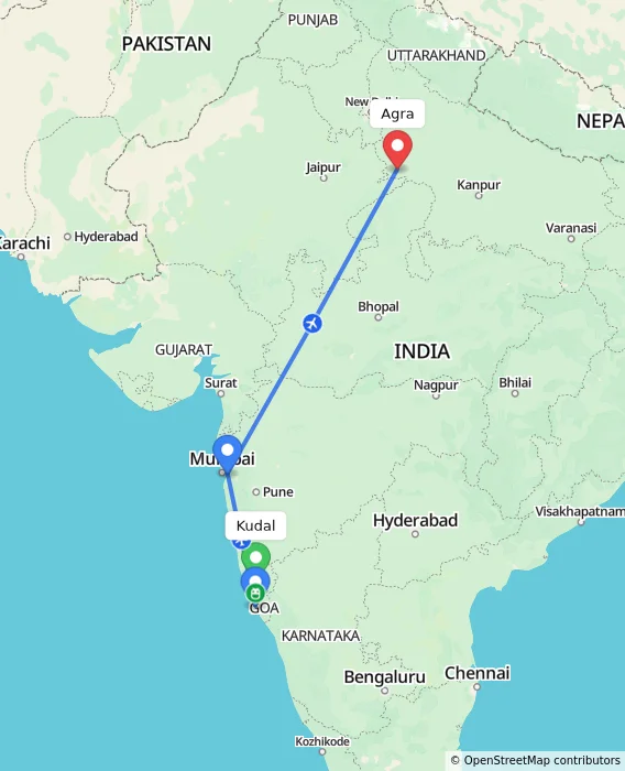 Route map showing distance and travel time from Kudal, India to Agra, India
