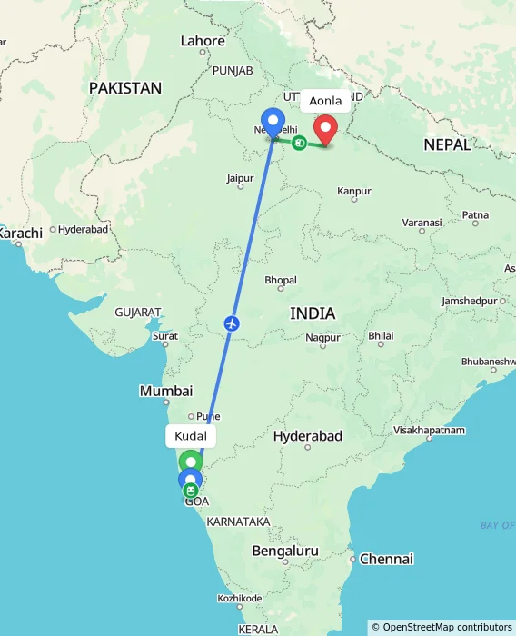 Route map showing distance and travel time from Kudal, India to Aonla, India