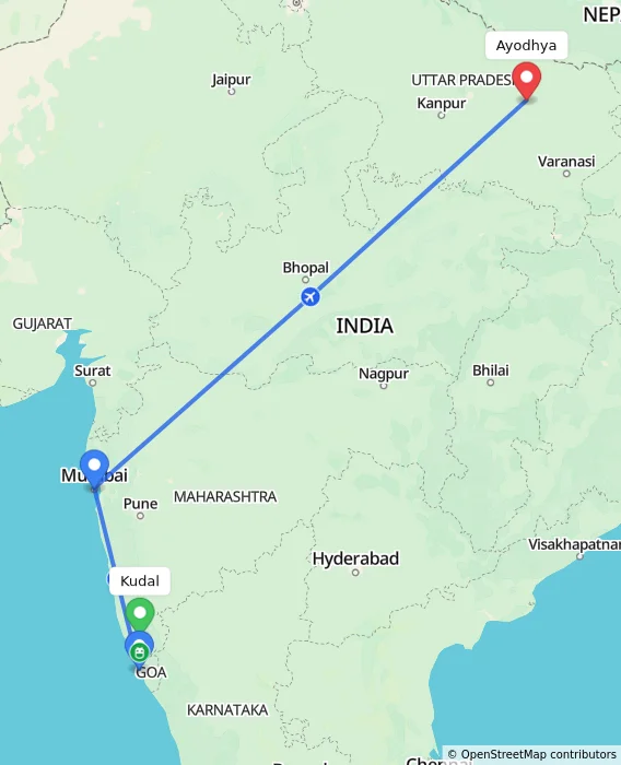 Route map showing distance and travel time from Kudal, India to Ayodhya, India