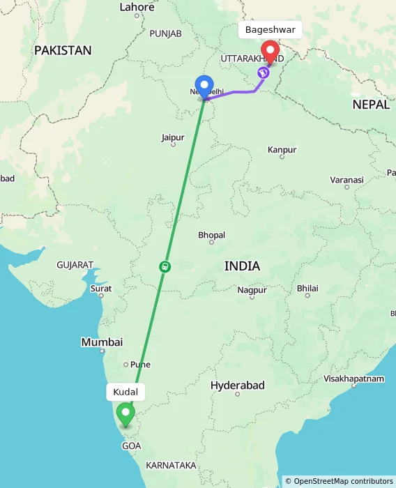 Route map showing distance and travel time from Kudal, India to Bageshwar, India