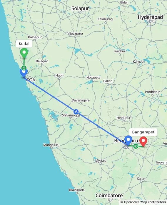 Route map showing distance and travel time from Kudal, India to Bangarapet, India