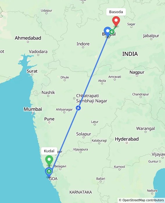 Route map showing distance and travel time from Kudal, India to Basoda, India