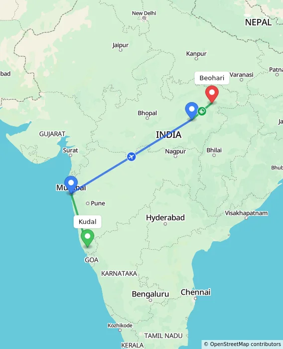 Route map showing distance and travel time from Kudal, India to Beohari, India