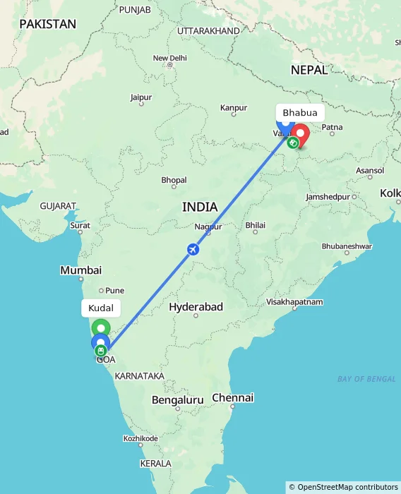 Route map showing distance and travel time from Kudal, India to Bhabua, India