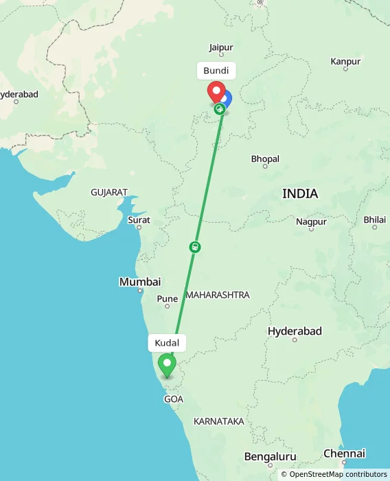Route map showing distance and travel time from Kudal, India to Bundi, India