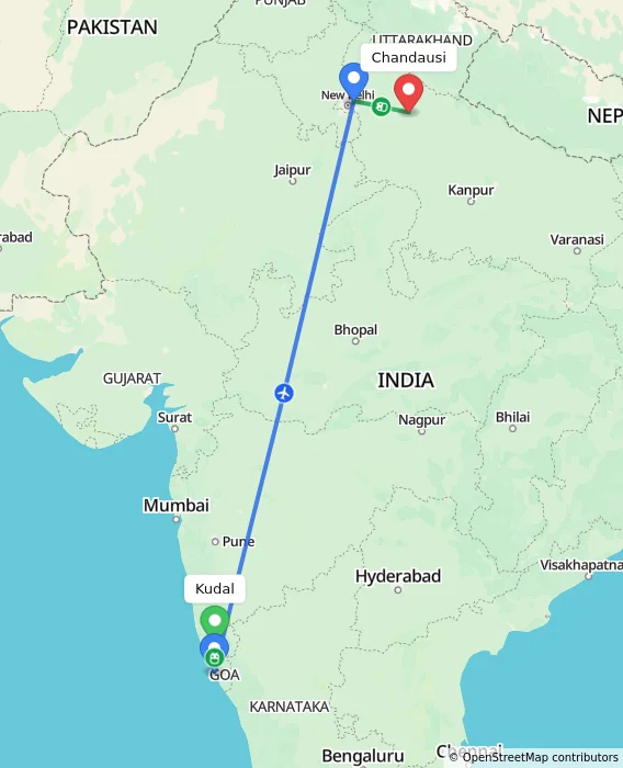 Route map showing distance and travel time from Kudal, India to Chandausi, India