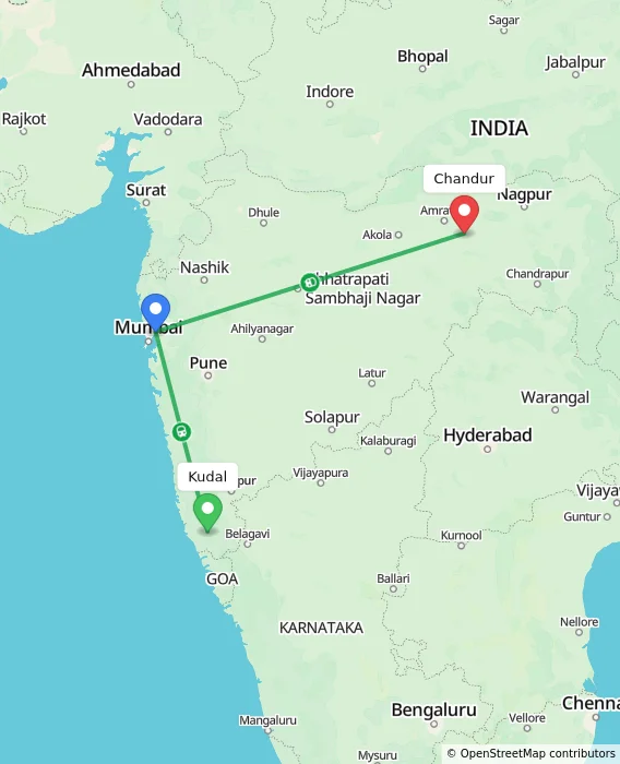 Route map showing distance and travel time from Kudal, India to Chandur, India