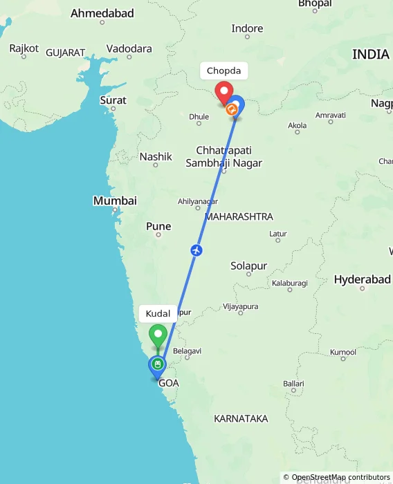 Route map showing distance and travel time from Kudal, India to Chopda, India