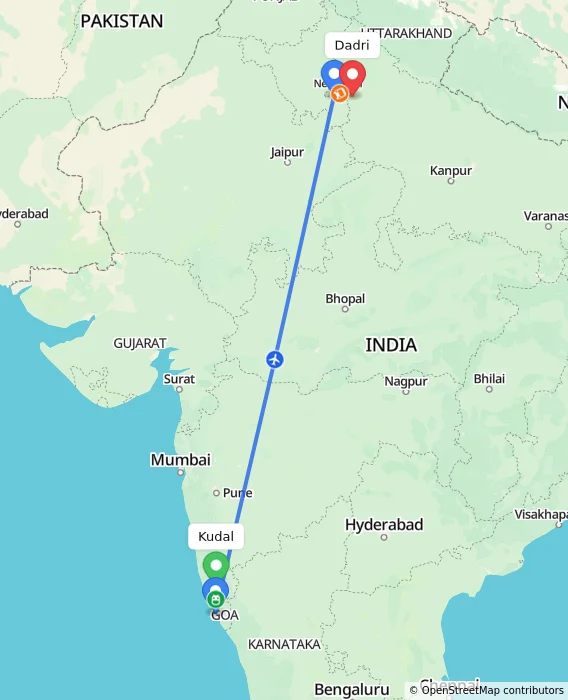 Route map showing distance and travel time from Kudal, India to Dadri, India