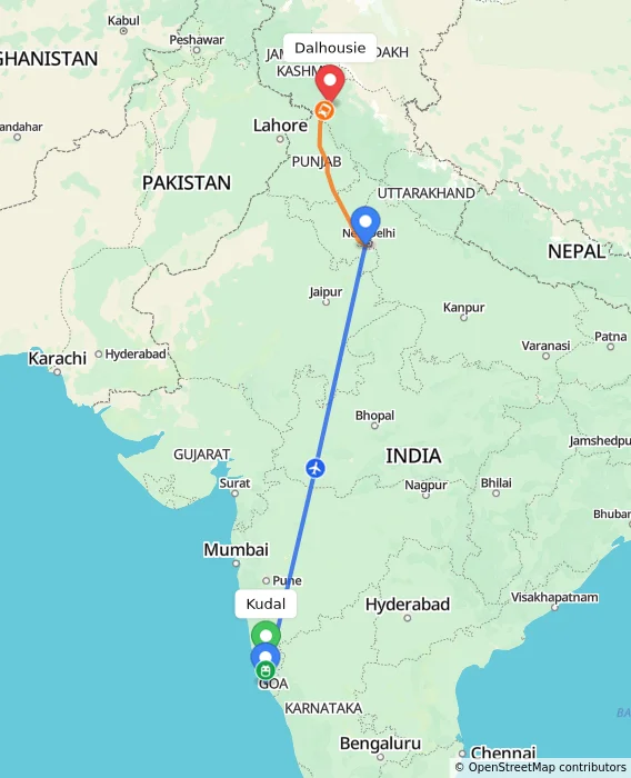 Route map showing distance and travel time from Kudal, India to Dalhousie, India