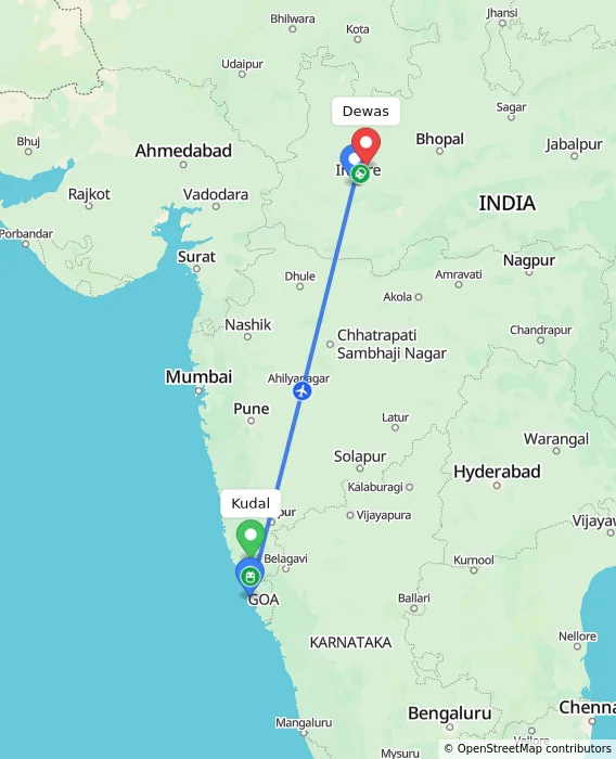 Route map showing distance and travel time from Kudal, India to Dewas, India