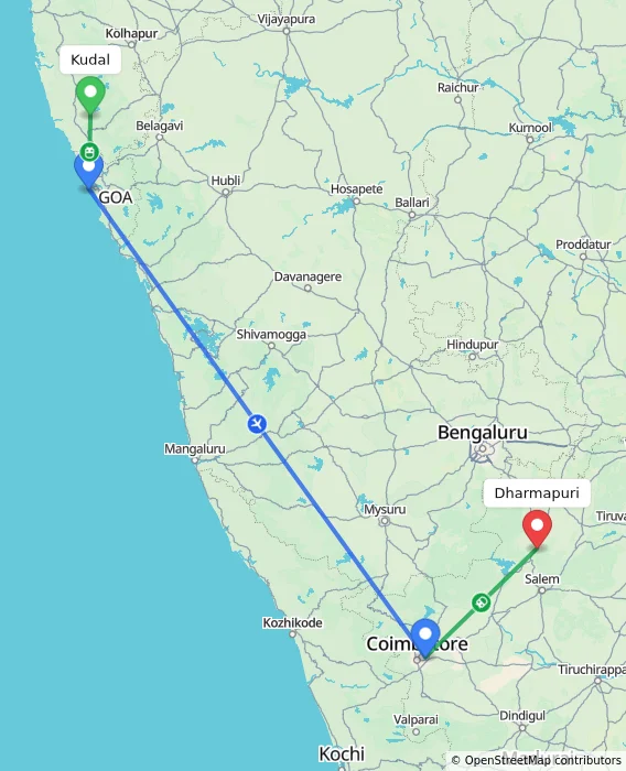 Route map showing distance and travel time from Kudal, India to Dharmapuri, India